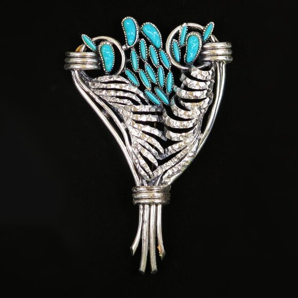 Vintage 1970s Faux Turquoise Bouquet Brooch Silver Tone Floral Statement Pin - Picture 1 of 4